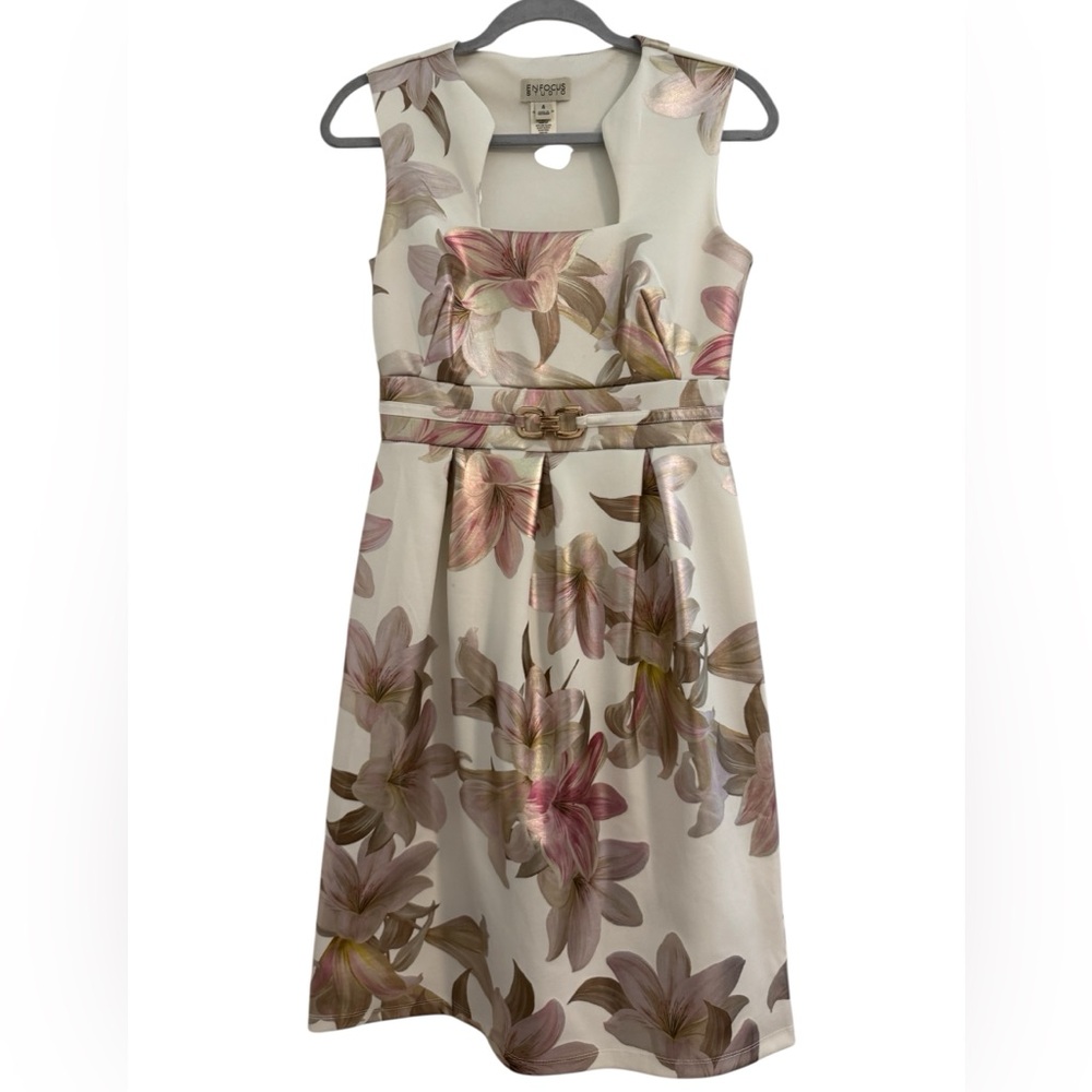 Focus 2000 Floral Fit & Flare Midi Dress – Pink & Gold Lily Print